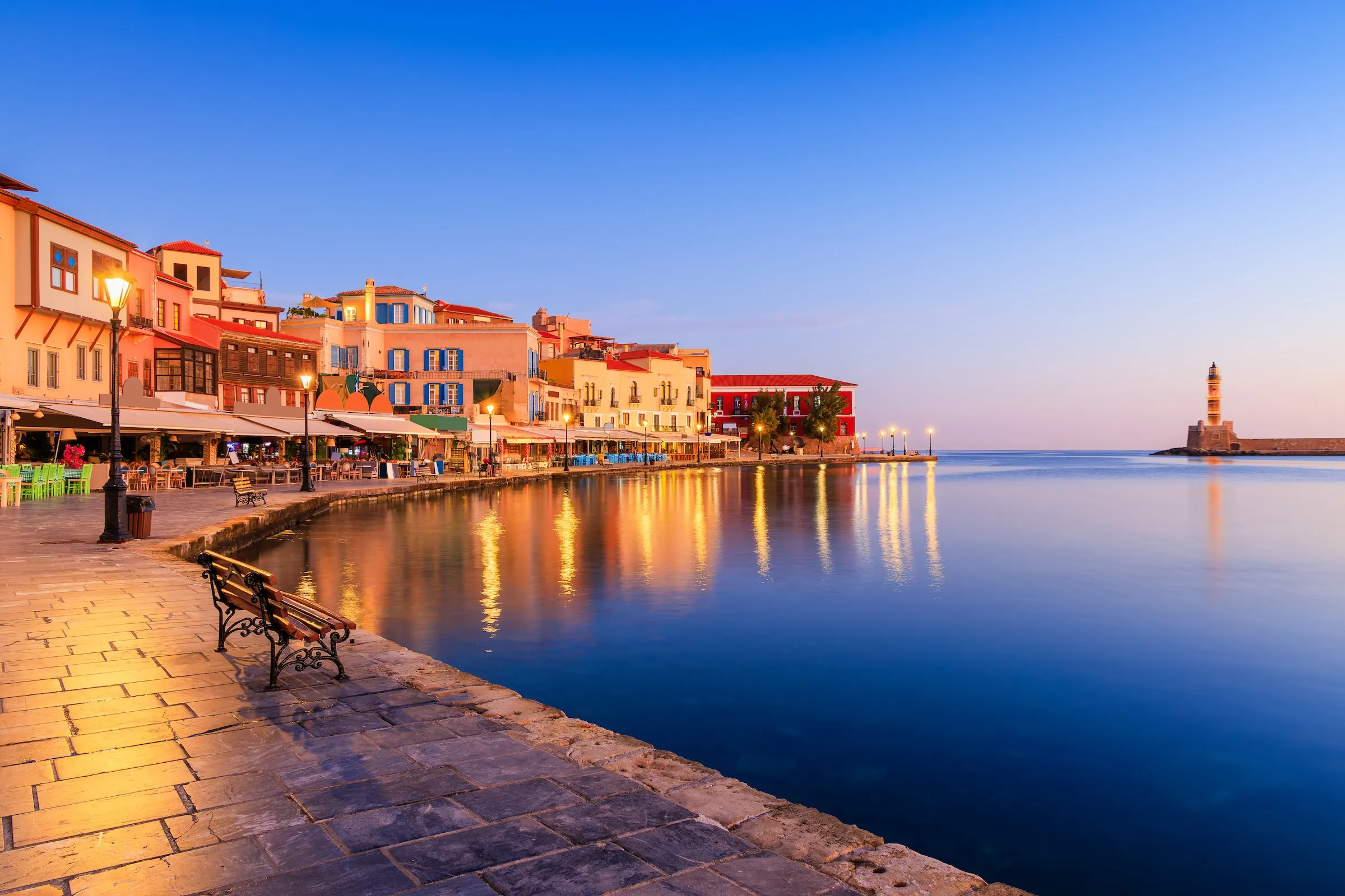 Chania Old Venetian Harbour and lighthouse at dusk