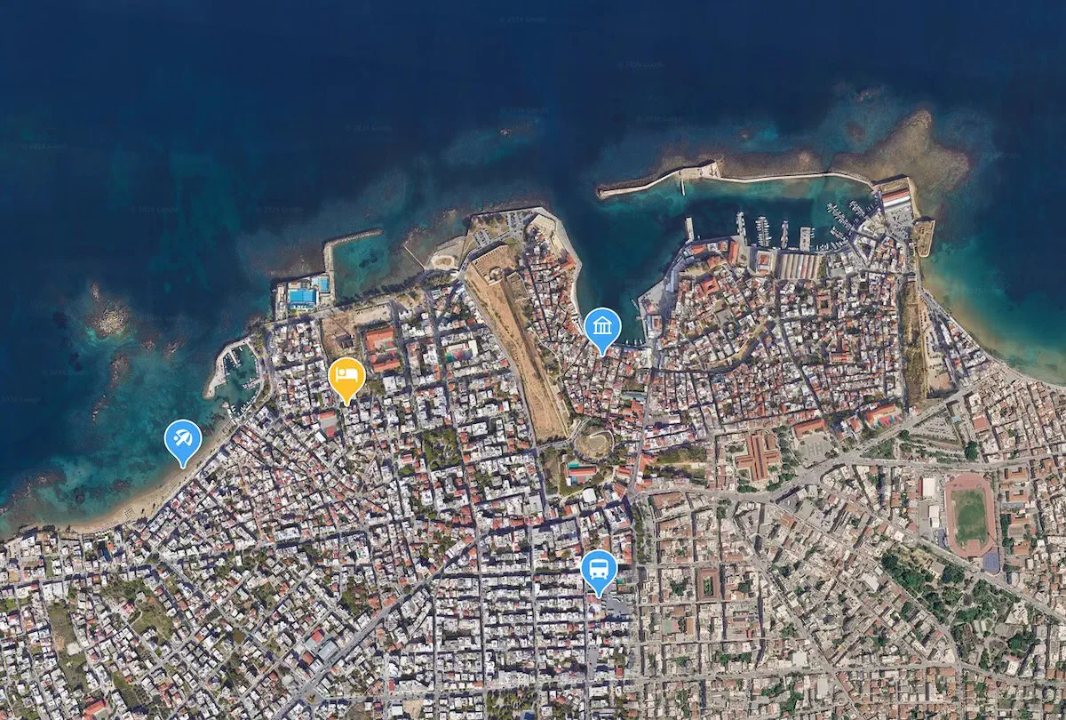 Χάρτης της Νέας Χώρας, Χανιά, με το 2bb και κοντινά σημεία ενδιαφέροντος